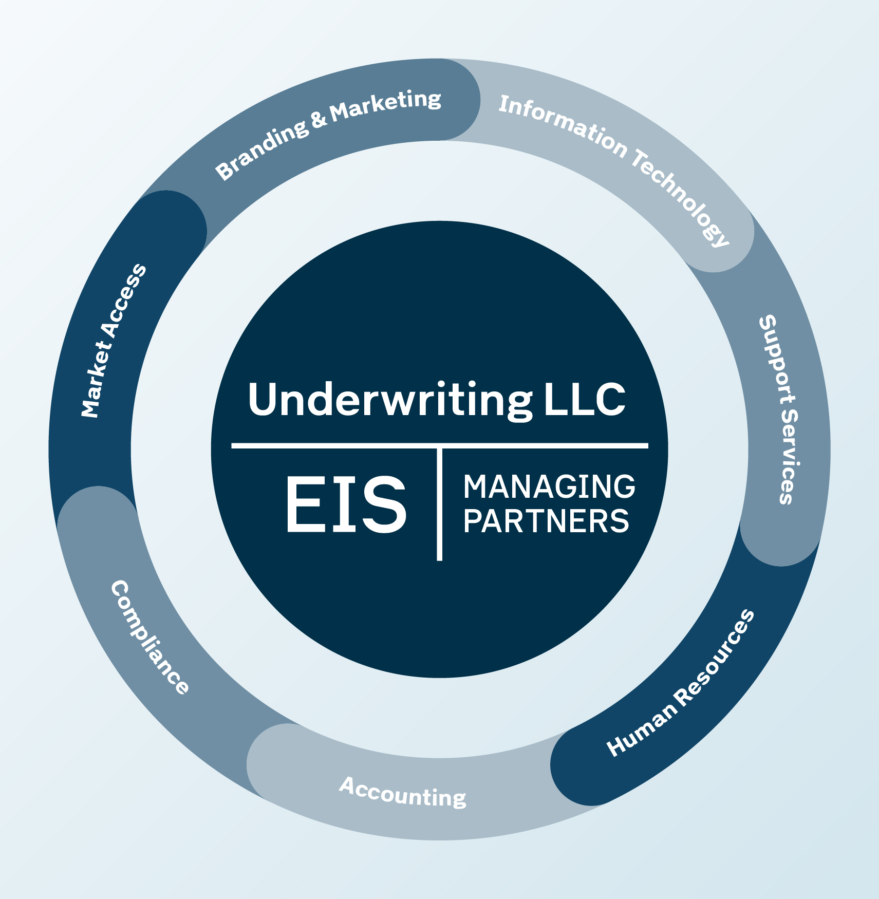 Euclid Program Managers Partner Model Diagram. A circle housing the Underwriting LLC, EIS, and Managing Partners, surrounded by a outer circle divided in seven sections: Market Access, Branding & Marketing, Information Technology, Support Services, Human Resources, Accounting, Compliance.